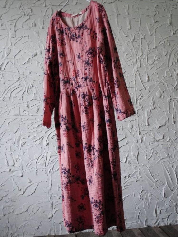 

Johnature женское винтажное хлопковое платье с цветочным принтом, халаты с длинными рукавами, осенние свободные мягкие женские платья One Size розовый