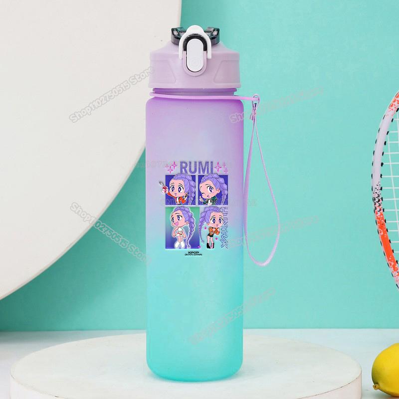 750ml KPop Demon Hunters Gradient Water Bottles High-capacity Drinking Straw Cup Portable Girl Office School Outdoor Bottles