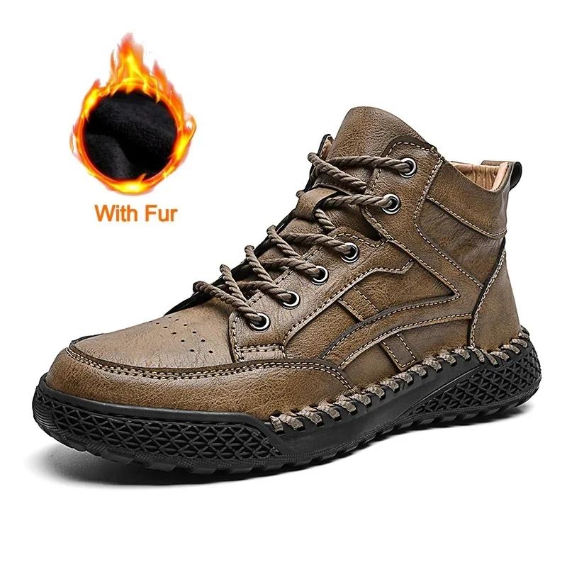 Fashion New 2024 Stylish Men Handmade Casual  Leather Basic Boots Outdoor Antiskid Flat Design Hiking Sneakers Comfy Lace-Up Ankle Boots