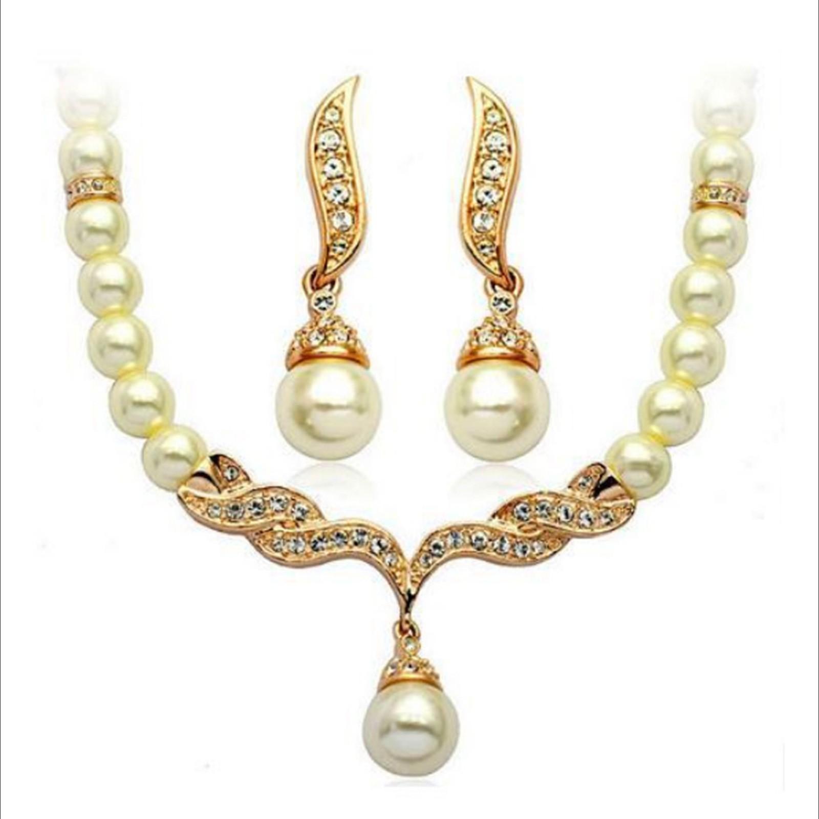 

Pearl Necklace and Earrings Set with Crystal Accents and Gold Tone Metal Chain for Formal and Casual Wear Jewelry Accessories One Size