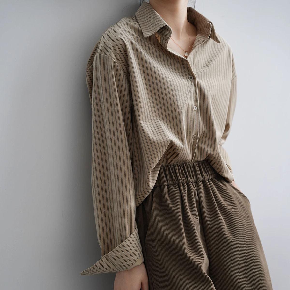 High-End Retro French Striped Long Sleeve Loose Shirt for Women S