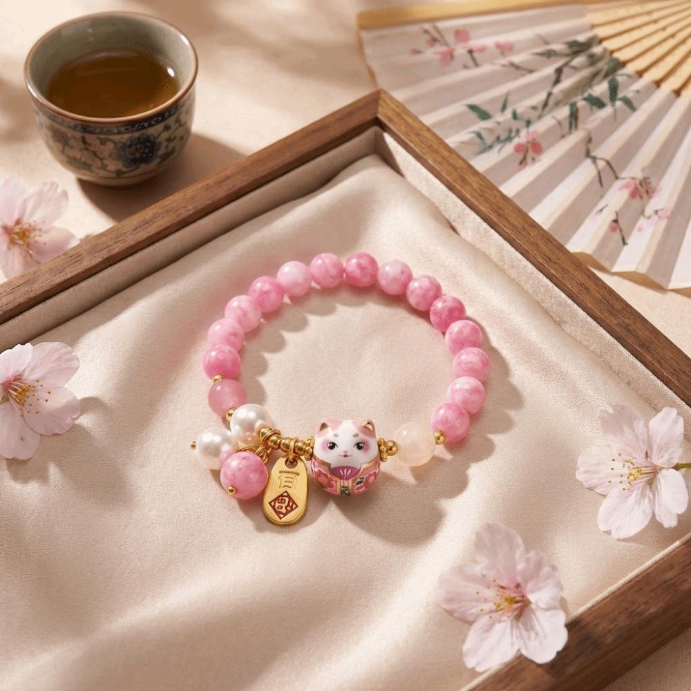 New Blue Crystal Lucky Cat Bracelet Ceramic Cat Pendant Cute Good Luck Jewelry Feng Shui Jewelry For Women