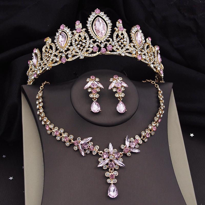 Wunderschöne Luxus Violett Kristall Braut Schmuck Sets für Frauen Tiaras Braut Halskette Ohrringe Hochzeit Krone Set Zubehör
