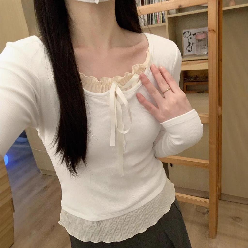 Women's Lace-up Ruffle Round Neck Two-Piece T-Shirt - Slim Fit, Spring 2024 Style