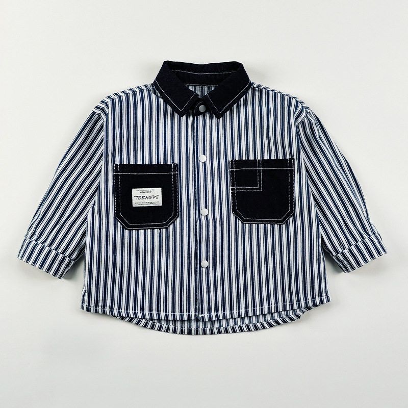 Children s Patchwork Shirt Spring and Autumn Children s Clothing Boys  Striped Shirt Toddler Lapel Cardigan Top Autumn Jacket Blue Striped Shirt 120