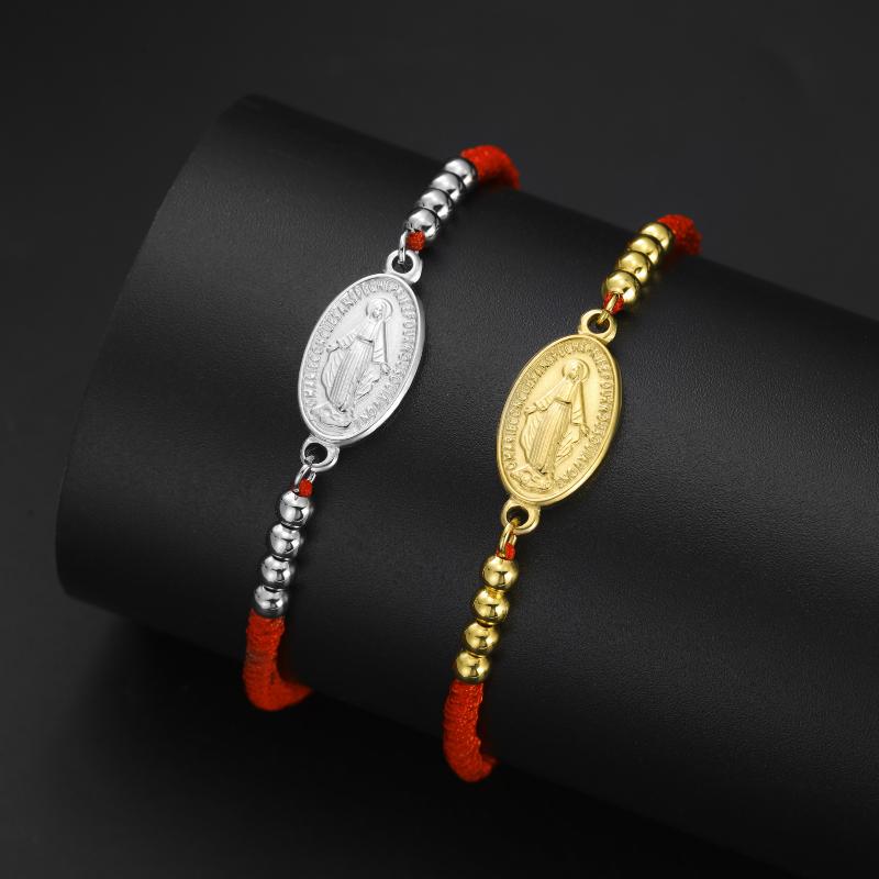 1Pcs Stainless Steel Cross Women'S Red Bracelet Holy Mother Mary Pendant Bracelet Rouge Gold Color Jewelry Religious Gifts