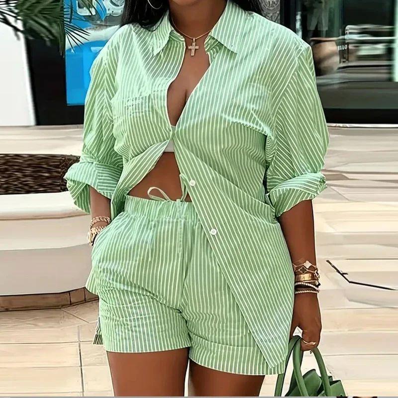 

Collar Long Sleeve Shorts Striped Suit Lapel Long Sleeve Shorts Striped Suit 03 Green 4XL