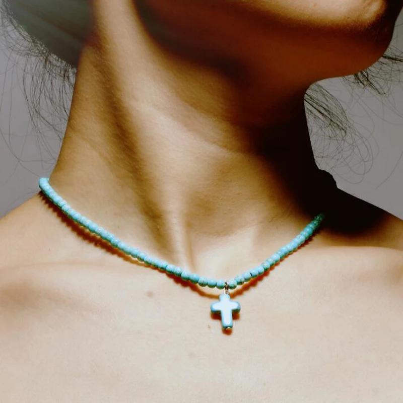 Boho Turquoises Beads Cross Choker Necklace 4MM Natural Stone Choker Necklace For Women Ethnic Yoga Beaded Boho Choker