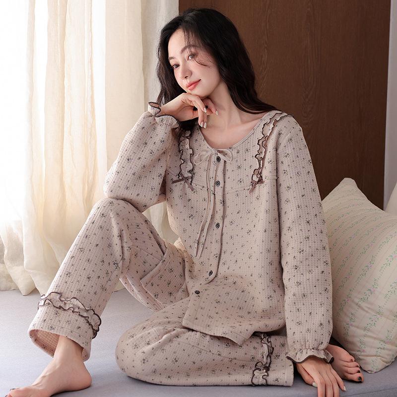 Air Cotton Pajamas Women'S Spring And Autumn Thickened Cotton Long-Sleeved Interlayer Loungewear Autumn And Winter Middle-Aged Mothers Can Wear