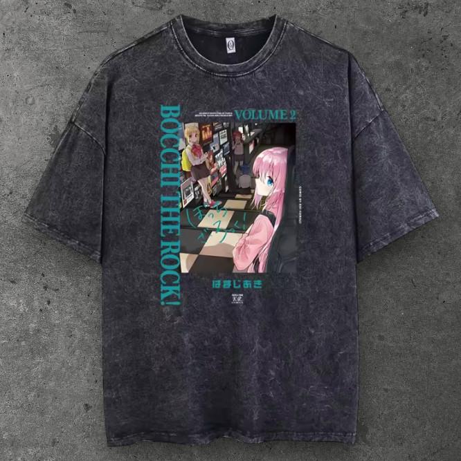 Unisex Manga Rock Oversized T-Shirt Gewaschenes Schwarz Anime-Stil Streetwear S-3XL