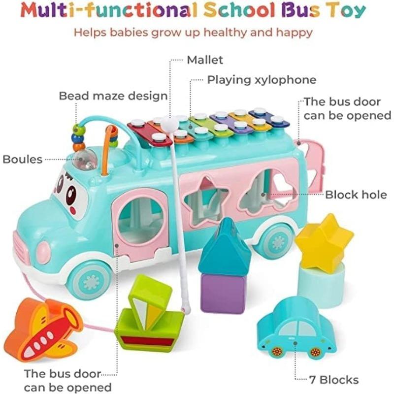 Baby Musical Instruments Toys Animal Bus with Piano Keyboard Xylophone Drum Color Learning Montessori Toys for Toddler Boys Girl