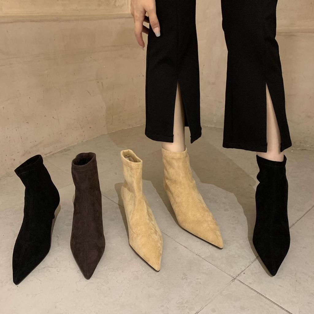 2025 autumn and winter pointed thin heel elastic boots Internet celebrity thin boots medium boots matte high heel velvet commuter short boots women