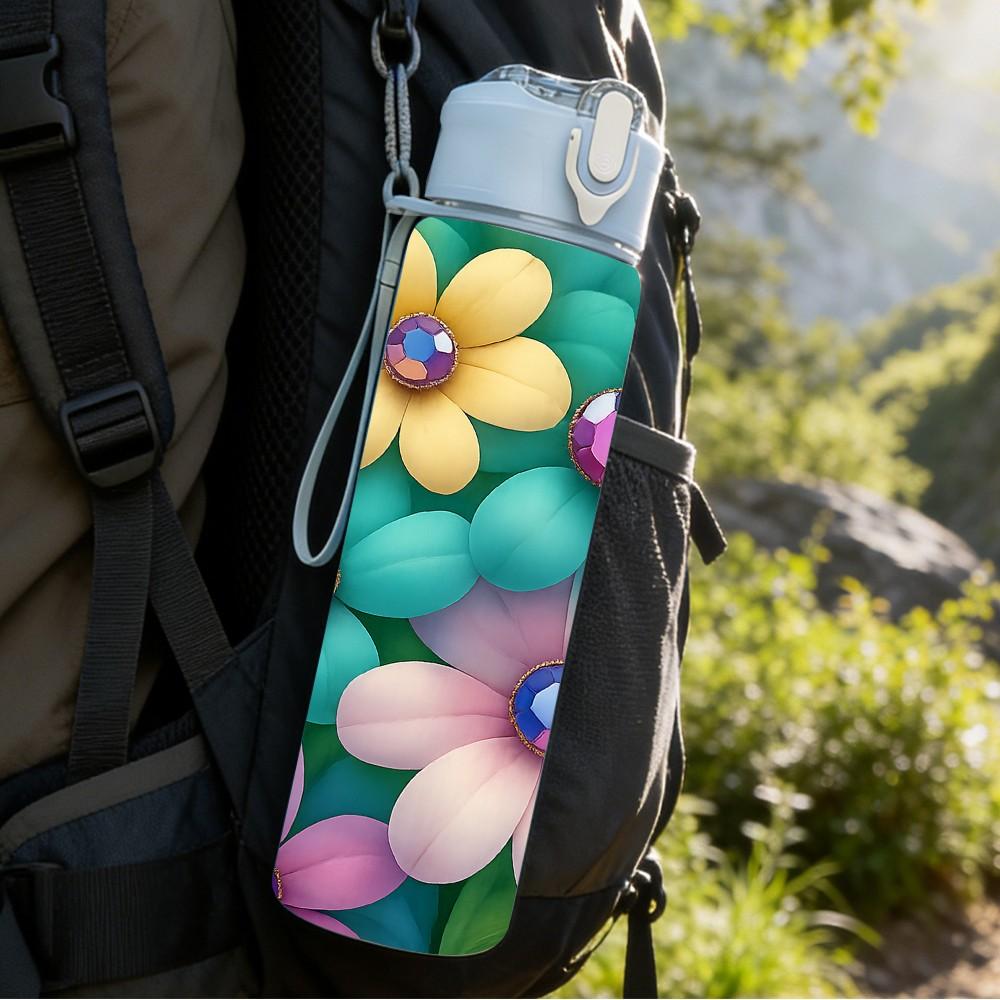 1PC Multicolor Lotus Flower Group Print 750ml Color Plastic Sports Water Bottle Leakproof Flip Straw Lid Suitable for Sports Office Home Use