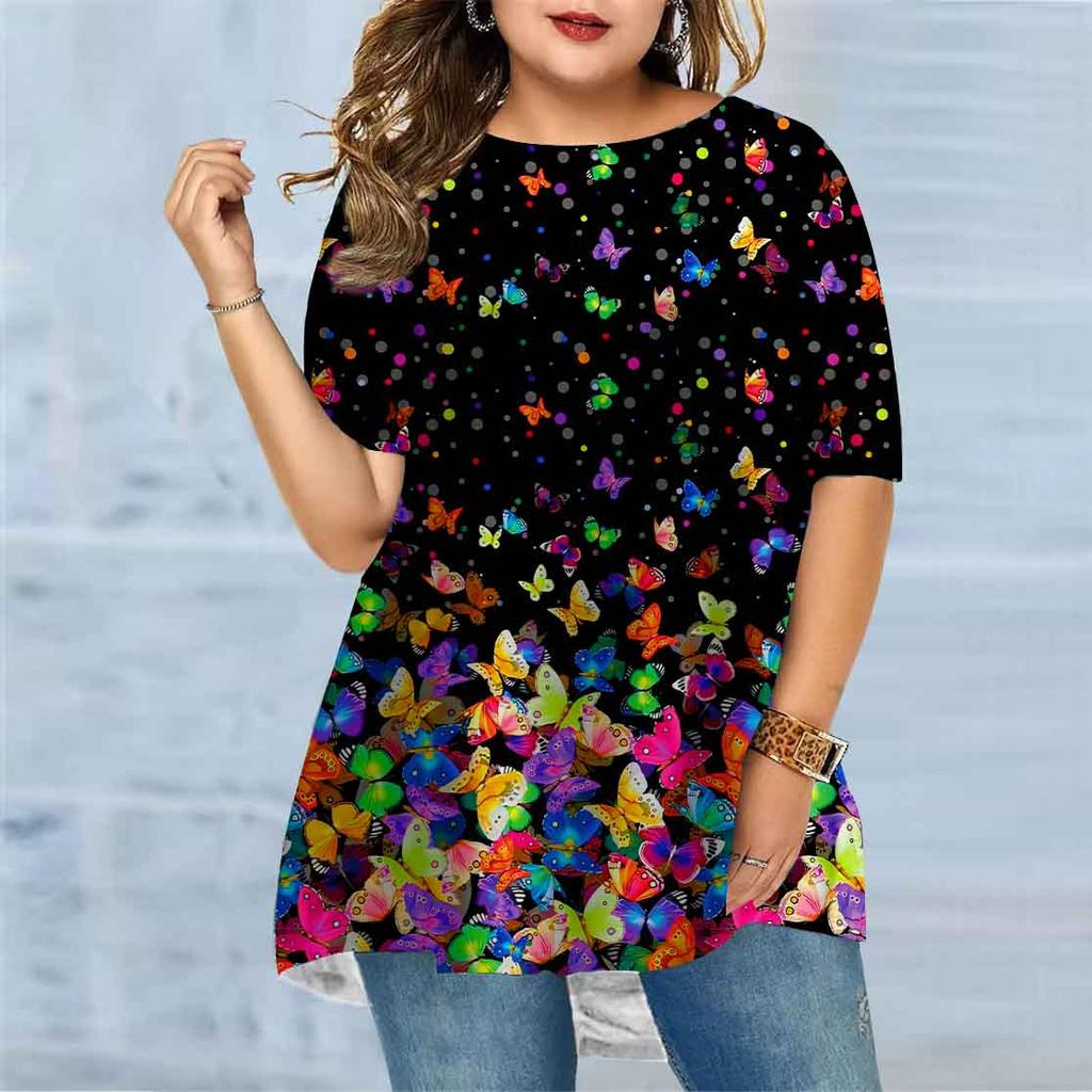 Plus Size Women's Summer Candy Butterfly Print Comfortable Short Sleeved Round Neck T-shirt Casual Baggy Medium Length T-shirt