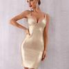Luxury European & American Style Sexy Gold Spaghetti Strap Open Back Nightclub Gown