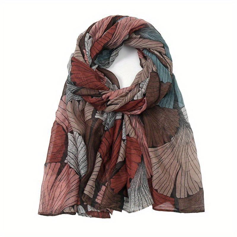 Leaf Print Polyester Muslim Scarf Year Round Vintage Color Block Bohemian Shawl Women's Warm Hijab Scarf