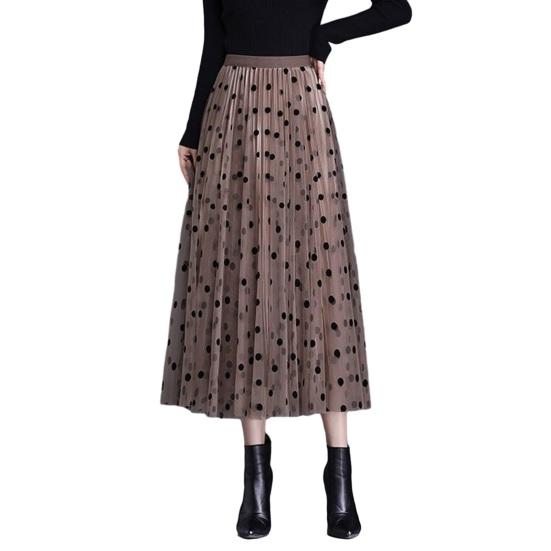 Women Skirt High Elastic Waist Double-layered Mesh Pleated A-line Big Swing Solid Color Soft Mid-calf Length Elegant Midi Skirt
