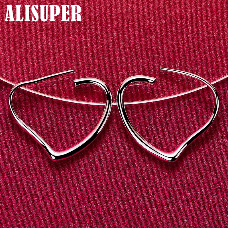 925 Sterling Silver Heart 29x37mm Hoop Earrings Jewelry