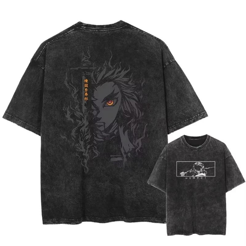 Übergroße Anime Grafik T-Shirts Herren Dämonentöter Vintage Gewaschen Damen Lässiges Kurzarm-T-Shirt Streetwear Y2k Oberteil Sommer Trendig