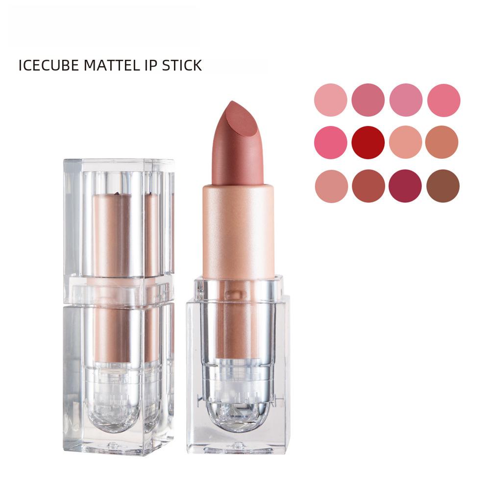 Make-up 12 odtieňov matný rúž Crystal Square Tube Nude Bean Paste Color Mini Glazúra na pery Ice Cube pre ženy