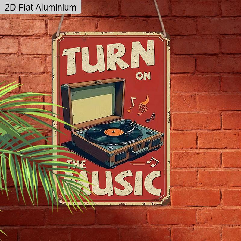 2D Flat 1pc Vintage Music Inspired Aluminium Wall Art Sign Turn on The Music 8x12 Inch Aluminium Rustic Home Bar Decor Music Studio Wall