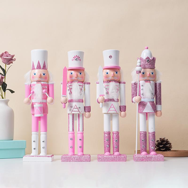 30cm Handmade Wooden Pink Nutcracker Soldier, Festive Collectible Tabletop Ornament, Unique Christmas Decor & Holiday Gift