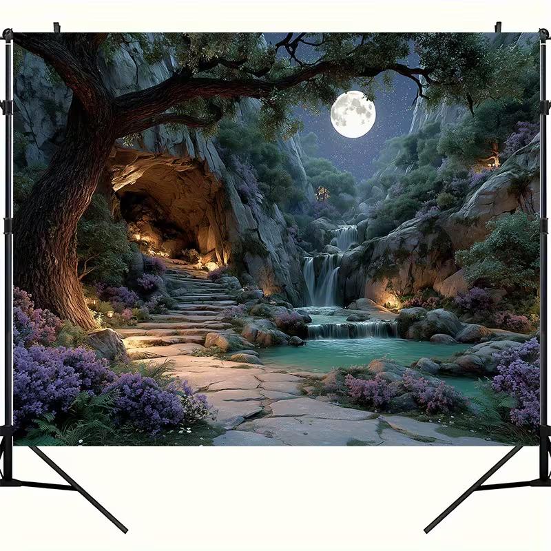 2D Magical Night Waterfall Backdrop Full Moon Cave & Purple Flowers Nature Photo Background