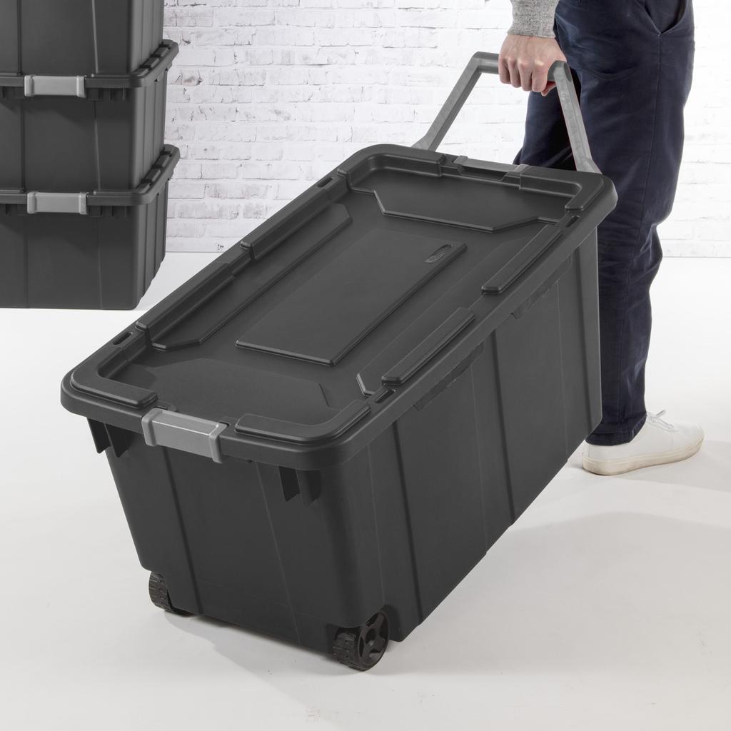 (2 Pack) Extra-Large Wheeled Industrial Storage Bin, 40 Gallon Durable Plastic Storage Tote with Latching Lid and Pull Handle, D