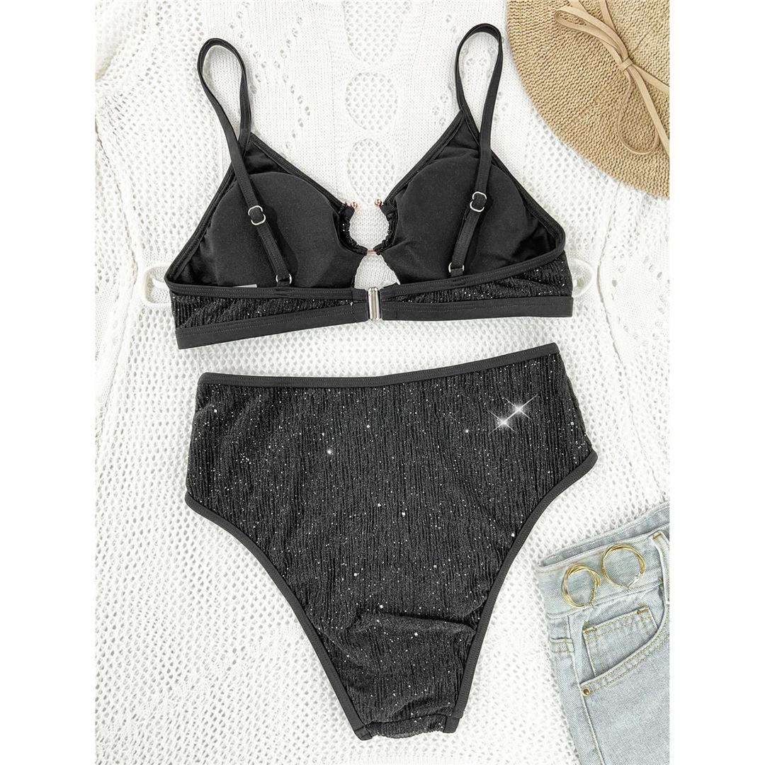 

Glitter Sparkling Cut Out Female Swimsuit High Waist Bikini Women Swimwear Two-pieces Bikini set Bather Bathing Suit Swim S чёрный