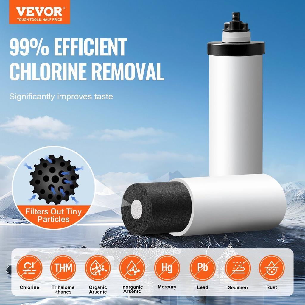 Gravity-fed Water Filter System, 2.25G 304 Stainless-Steel Countertop Water Filtration System, Reduces Lead and up to 99% of Chlorine, with 2 Ceramic