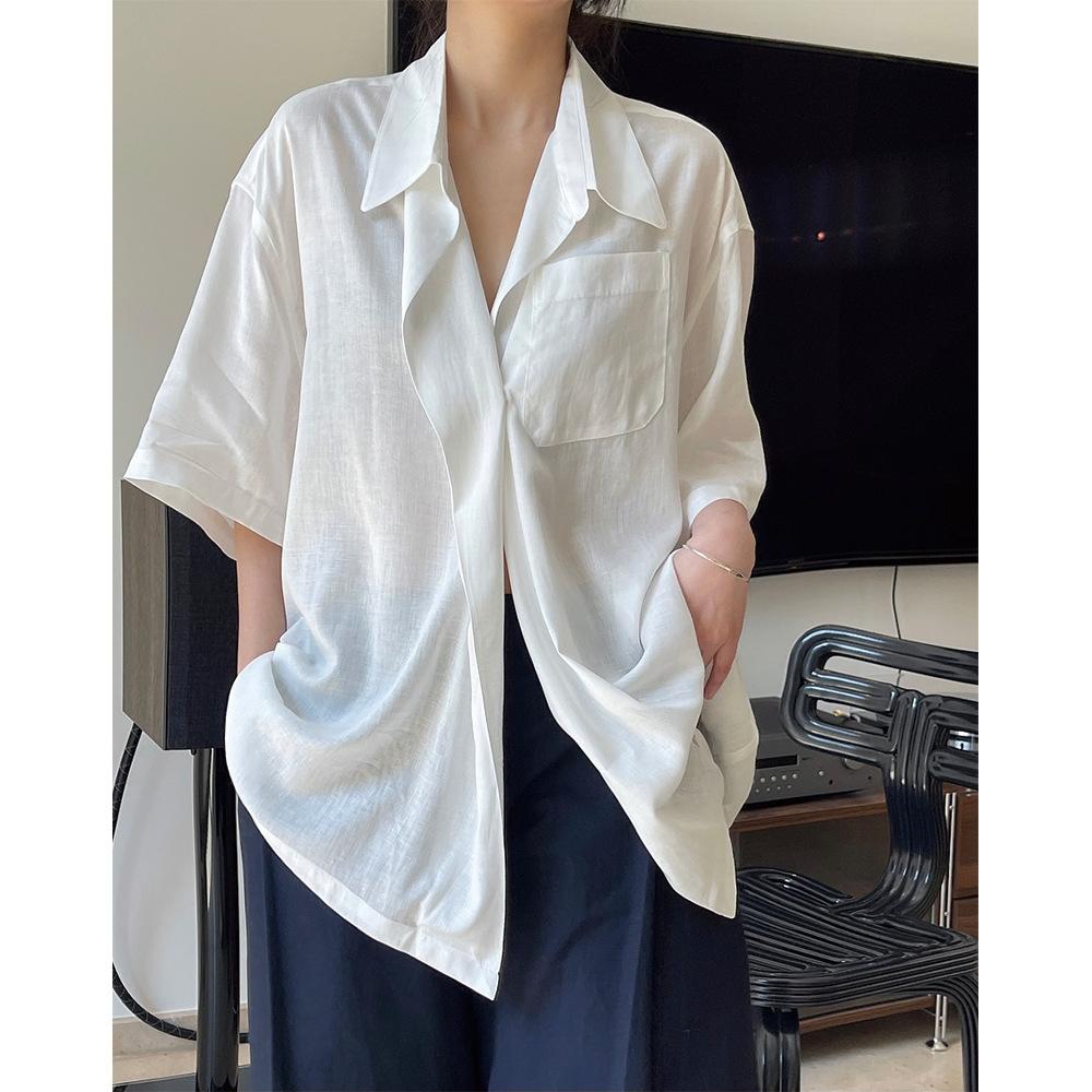Summer Slightly Transparent Linen Short Sleeve Shirt Women Design Sense Lapel Loose Silhouette Cool Top Female