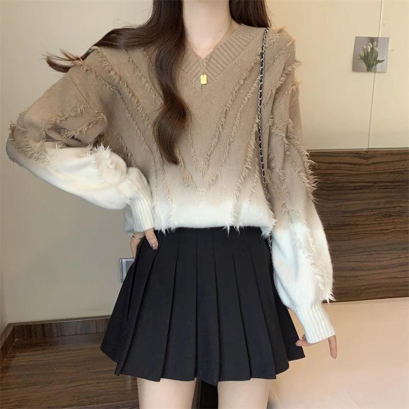 

Women s Gradient Sweater Korean Style V-neck Striped Fringe Design Ladies Knitted Pullover Autumn Fashionable Comfortable Famale Top XL хакі