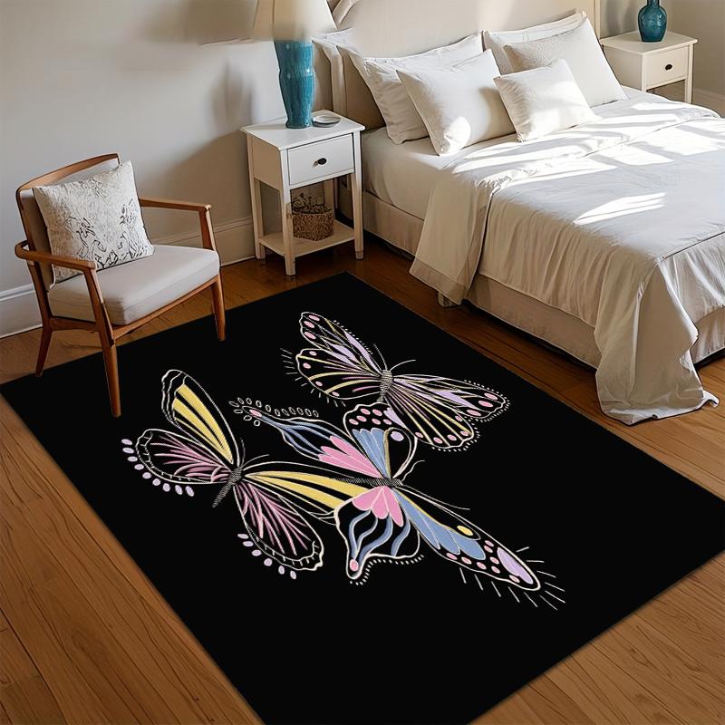Weicher rutschfester pastellfarbener Schmetterlings-Teppich mit buntem Trio-Design auf schwarzem Hintergrund für Kinderzimmer Schlafzimmer Wohnzimmer Dekoration