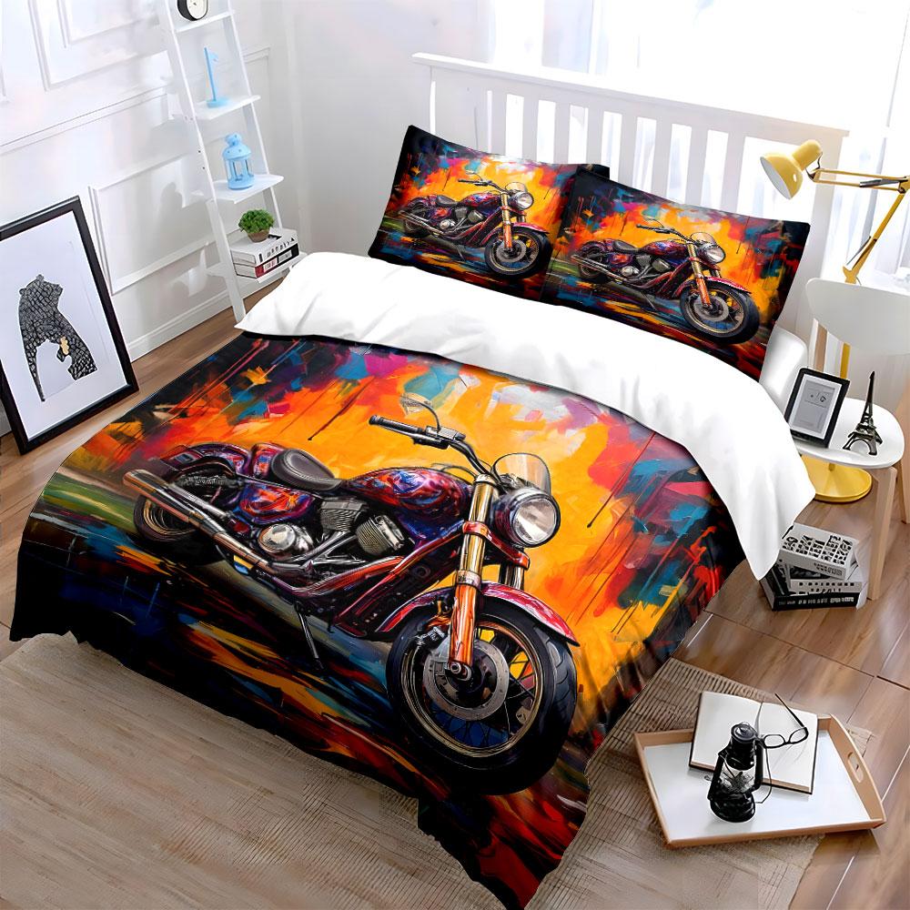 Painted motorcycles and graffiti background Print Bedding Set 1 Duvet Cover 2 Pillowcases for Adult and Children Luxury Gift