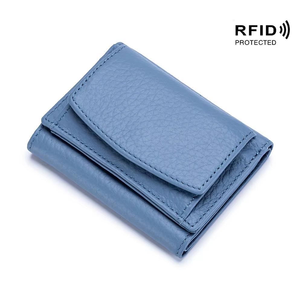 RFID Women Genuine Leather Small Wallets Female Portable Cowhide Purses Lady Card Holder Money Bag with Coin Pocket