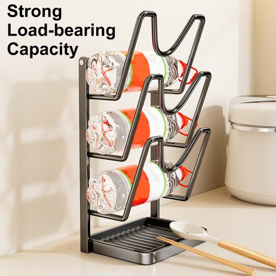 Küchen Topfdeckel Aufbewahrungsregal Kohlenstoffstahl Topfdeckelhalter beim Kochen Topfdeckelständer mit Löffelablage Abnehmbare Abtropfschale für Arbeitsplatte Pfannendeckel