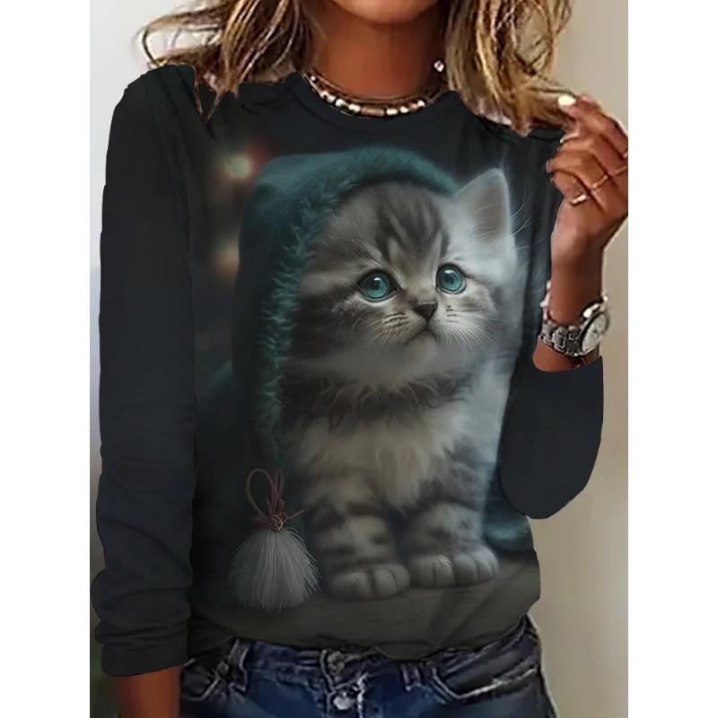 Women's Long Sleeve T-Shirt Cute Cat Pattern 3D Print Autumn Street Casual Fall Round Neck Oversized Clothing Outdoor T Shirts