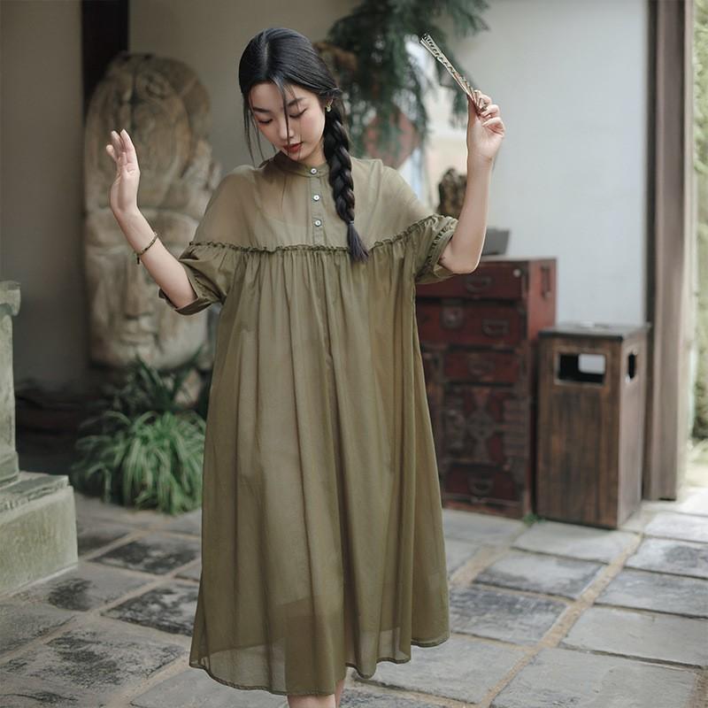 Johnature Women High Waist Casual Dresses Stand Nine Sleeve Solid Color Soft Cloth Summer Loose A-Line Dress