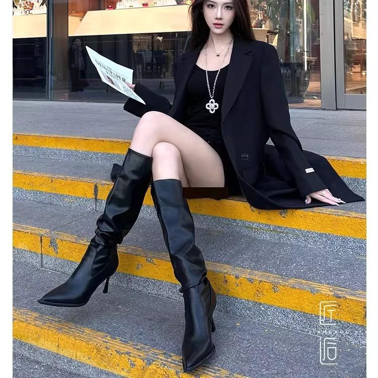 [Factory making goods] High heels women's stiletto heel stacking boots 2025 new calf thin pointed boots