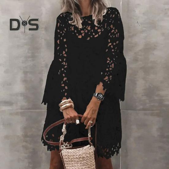 Rochie de toamnă, primăvară, pentru femei, cu dantelă, broderie cu flori, gât rotund, cu mâneci lungi, cu două straturi, culoare solidă, rochie midi etnică lejeră