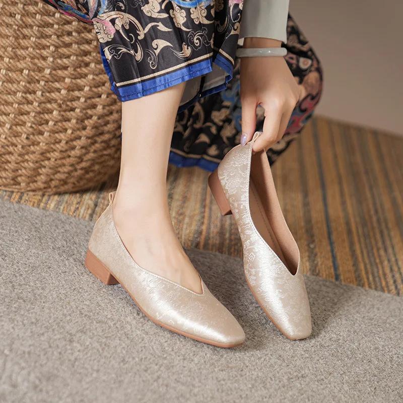 Woman Fashion Summer Square Toe Gold Green Flats Elegant Female Printing Texture Casual Buckle Mary Jane Shoes Big Size 34-43