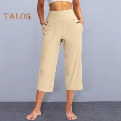 Women Yoga Pants Elastic High Waist Loose Leg Cropped Trousers with Pockets Sporty Casual Style Pants