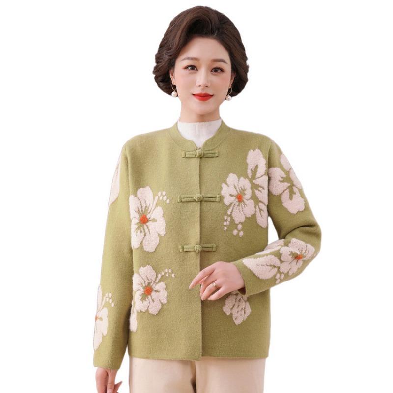 New embroidered large-size knitted top medium and old versatile sweater spring and autumn mother v-neck knitted sweater jacket