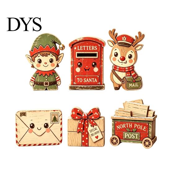 Wooden Tiered Tray Decor 6Pcs Christmas Tabletop Signs, Xmas Sign Decor, Santa Winter Holiday Home Accents Snowman Reindeer Gingerbread House