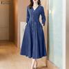 ZANZEA Women Casual V-Neck Long Sleeve Elegant Long Dress