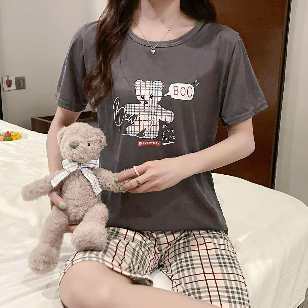 Korean Style Women's Summer Pajama Set – Imitation Cotton, Short Sleeve, Capri Pants, Thin, Cute, Plus Size