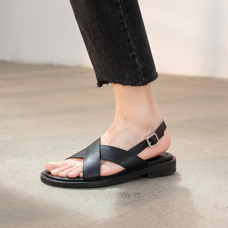 Nové letní sandály dámské kulatá špička nízký podpatek módní boty dámské pravá kůže jednobarevné jednoduché sandály pro ženy