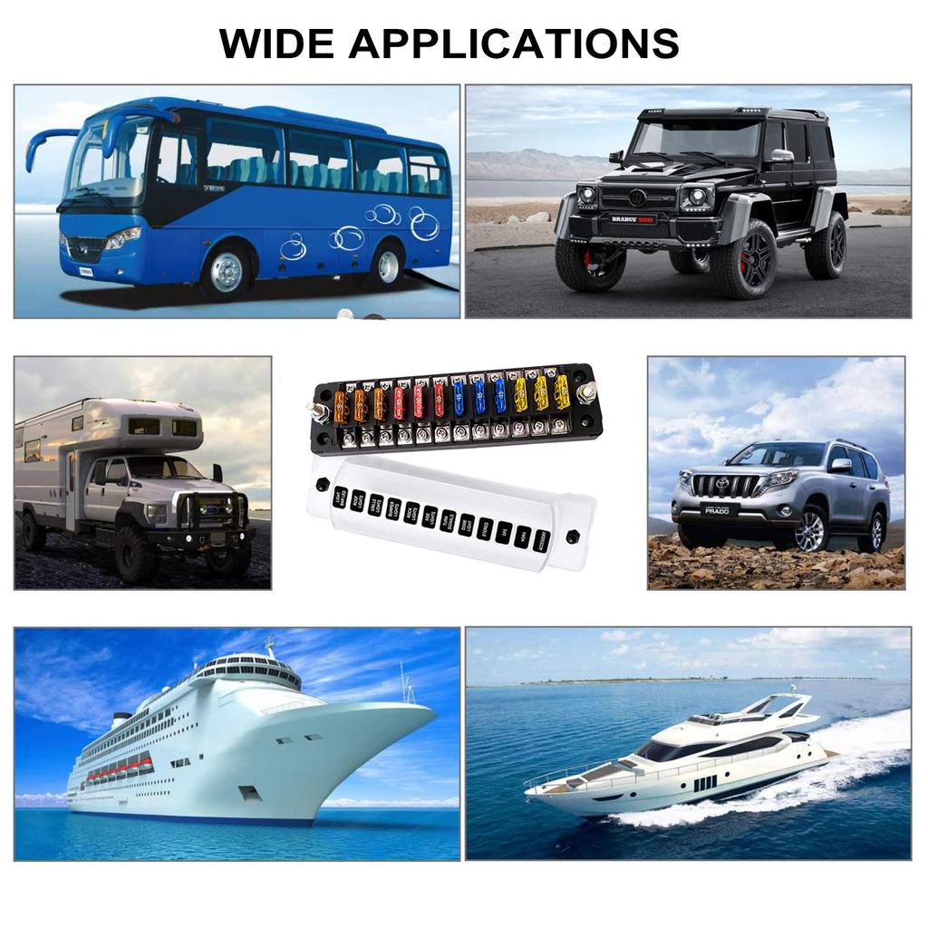 Blok bezpieczników 12-drożny, Anody dodatnie i ujemne 12V 32V Uchwyt bezpieczników płytkowych ATC ATO Standardowa skrzynka bezpiecznikowa z naklejkami etykietowymi