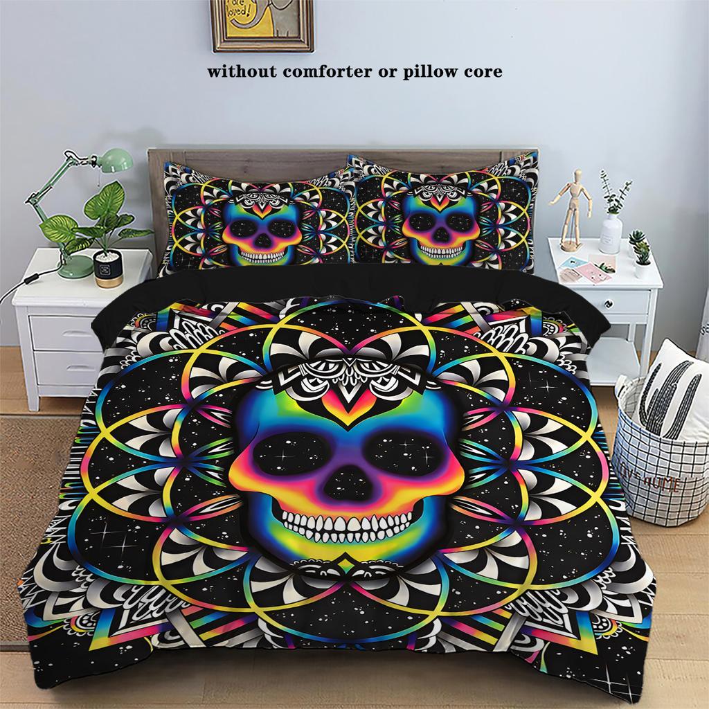 3-piece down duvet cover set with skull flower pattern print (1 duvet cover+2 pillowcases, no core) Halloween themed bedding set