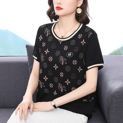 Loose T-shirt Middle-aged Mother Dress Versatile Slim Black Short-sleeved Printed Top  Women T-shirt